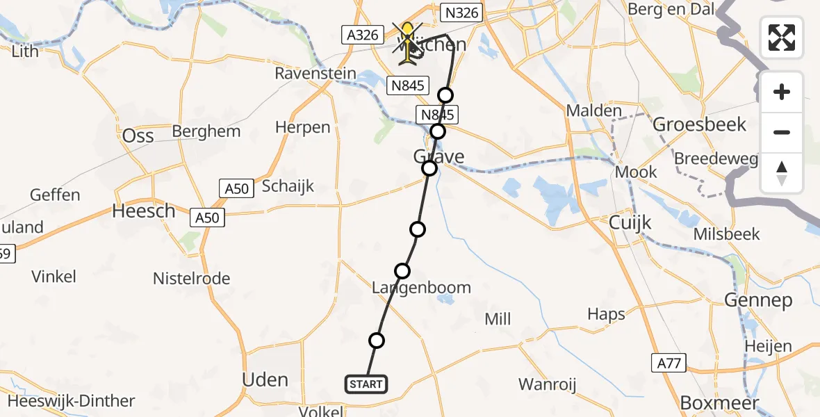 Routekaart van de vlucht: Lifeliner 3 naar Wijchen, Millsebaan