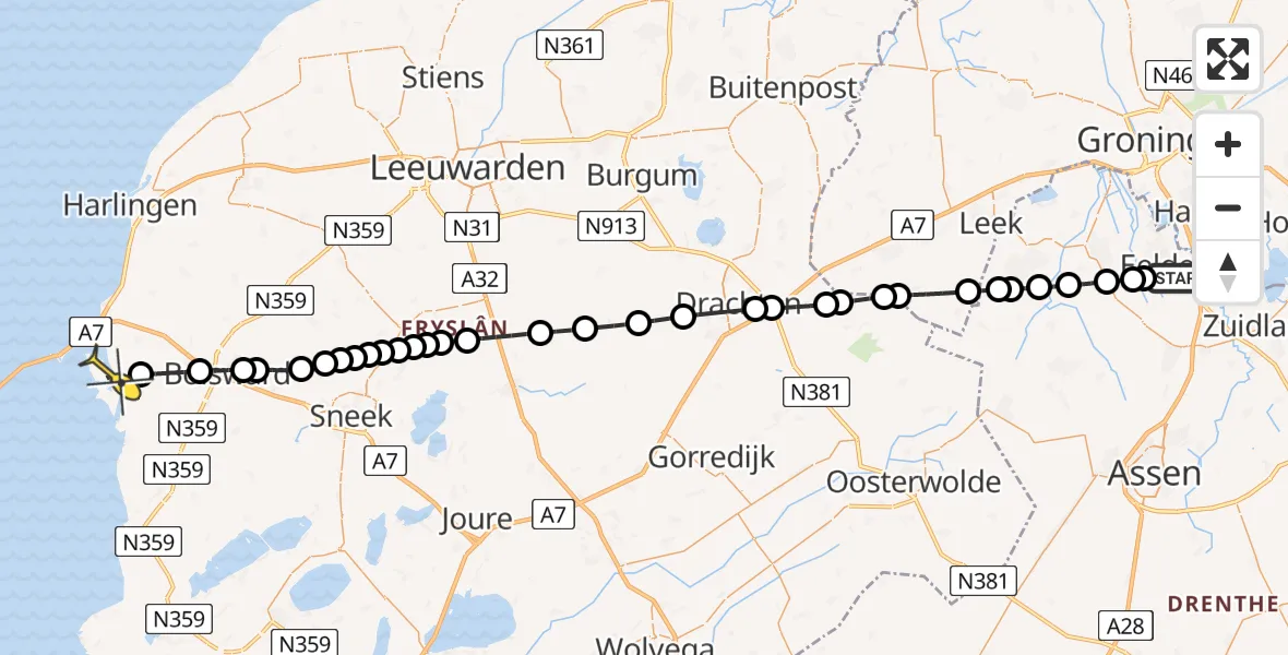 Routekaart van de vlucht: Lifeliner 4 naar Makkum, Molenweg