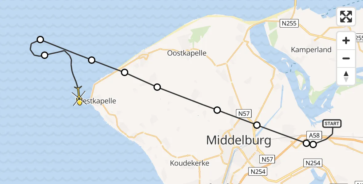 Routekaart van de vlucht: Kustwachthelikopter naar Vlissingen, Noord Kraaijertsedijk