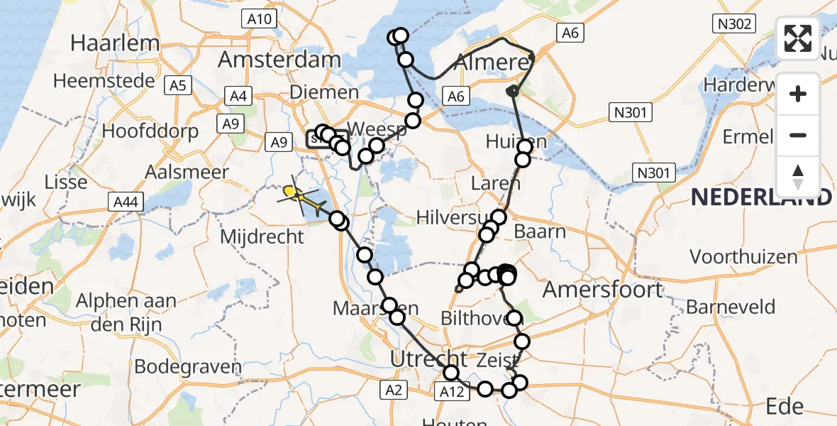 Routekaart van de vlucht: Politieheli naar Waverveen, Gaasperdammerweg