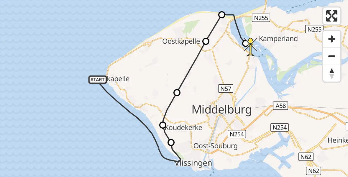 Routekaart van de vlucht: Kustwachthelikopter naar Veere, Zuiderhoofdweg