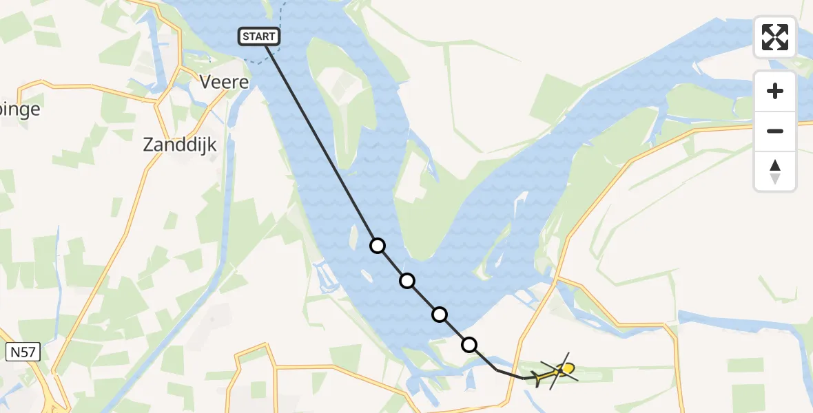 Routekaart van de vlucht: Kustwachthelikopter naar Vliegveld Midden-Zeeland, Aardbeieneiland