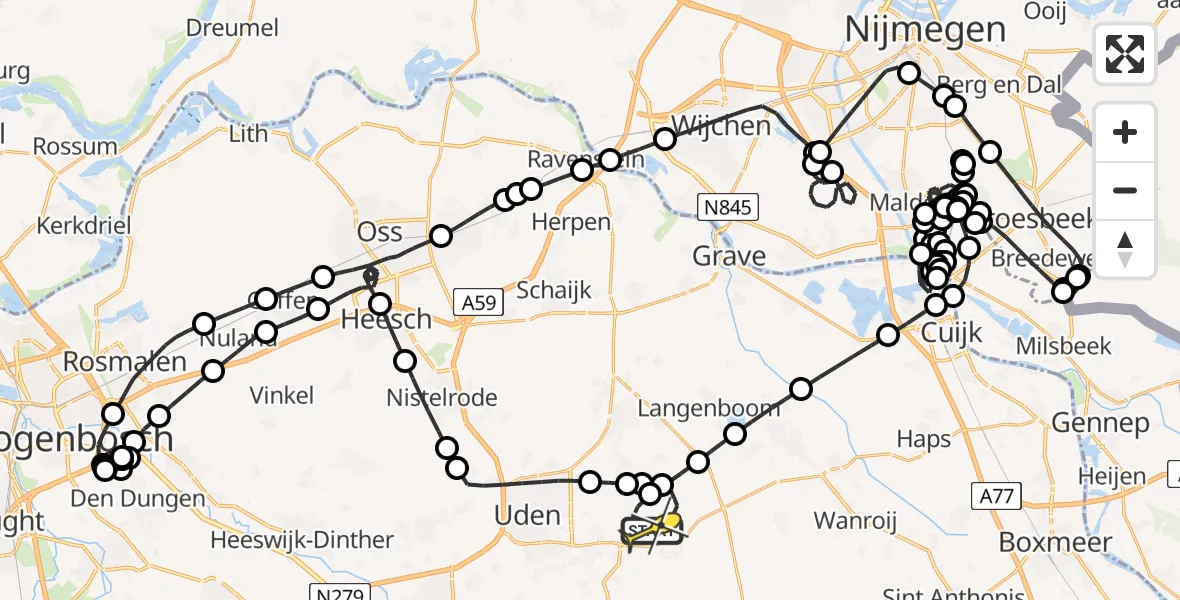 Routekaart van de vlucht: Politieheli naar Vliegbasis Volkel, Zeelandsedijk