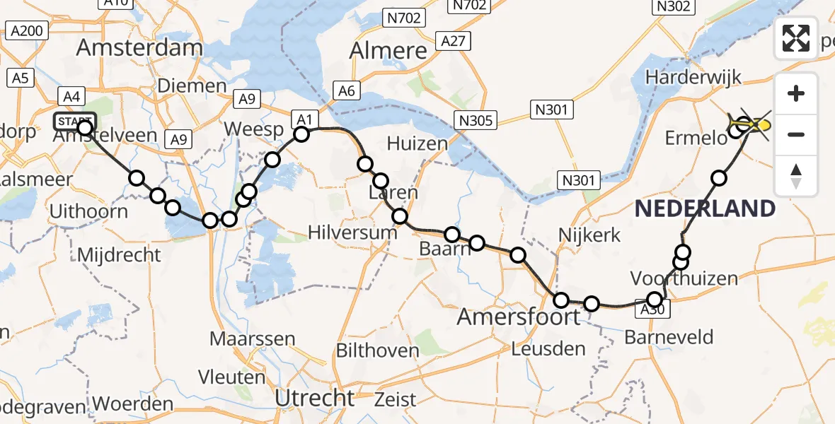 Routekaart van de vlucht: Politieheli naar Ermelo, Schipholweg