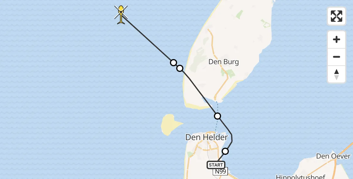 Vluchtroute Kustwachthelikopter van Vliegveld De Kooy naar 