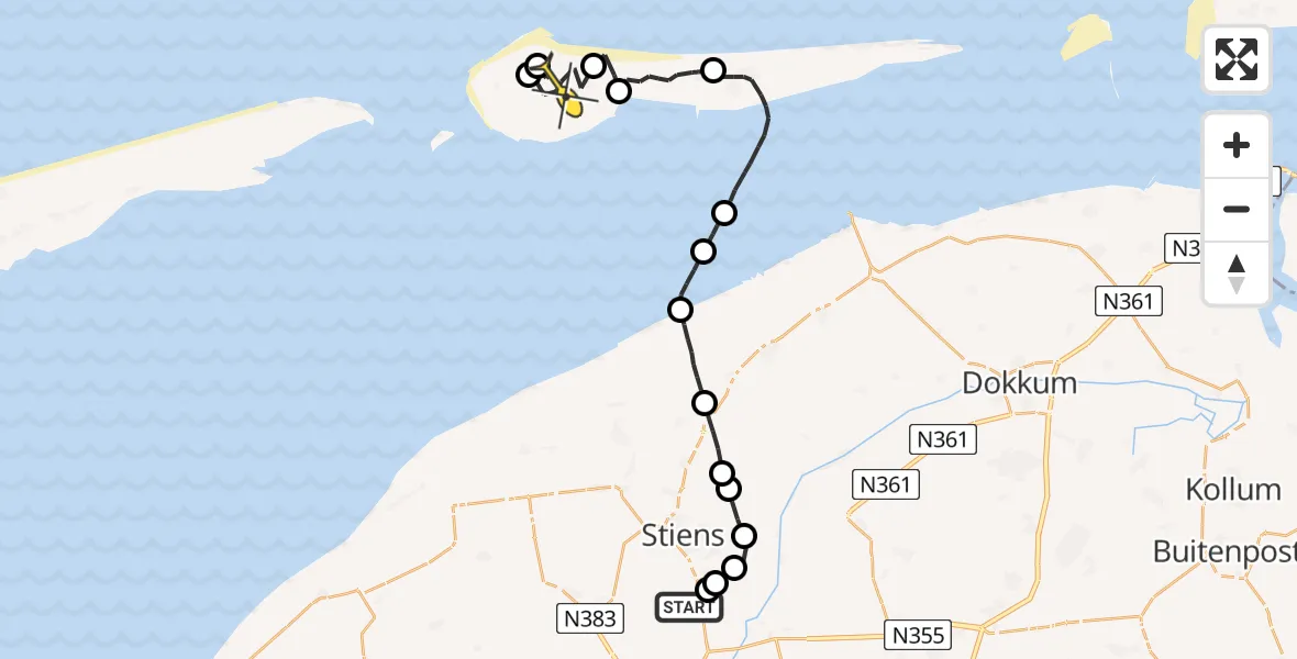 Routekaart van de vlucht: Ambulanceheli naar Ameland Airport Ballum, Boarnsylsterwei