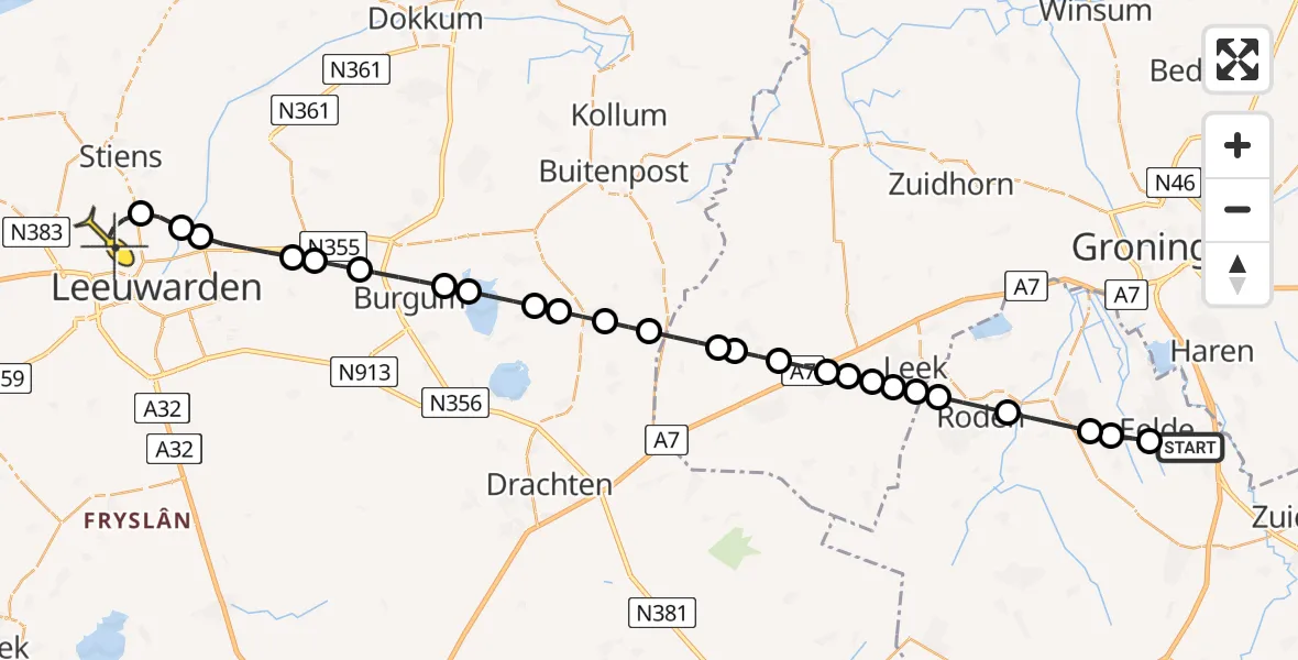 Routekaart van de vlucht: Lifeliner 4 naar Vliegbasis Leeuwarden, Broersma's Reed