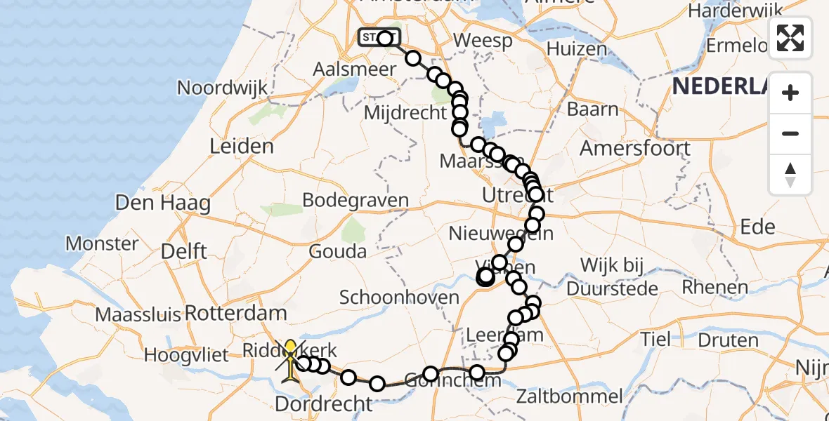 Routekaart van de vlucht: Politieheli naar Ridderkerk, Schipholweg