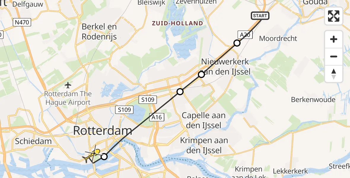 Routekaart van de vlucht: Lifeliner 2 naar Erasmus MC, Rijksweg