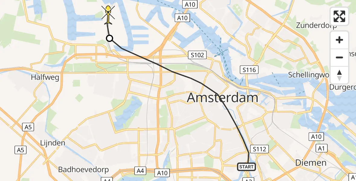 Routekaart van de vlucht: Lifeliner 1 naar Amsterdam Heliport, Amstel