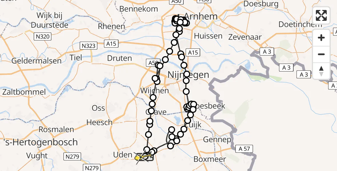 Routekaart van de vlucht: Politieheli naar Vliegbasis Volkel, Zeelandsedijk