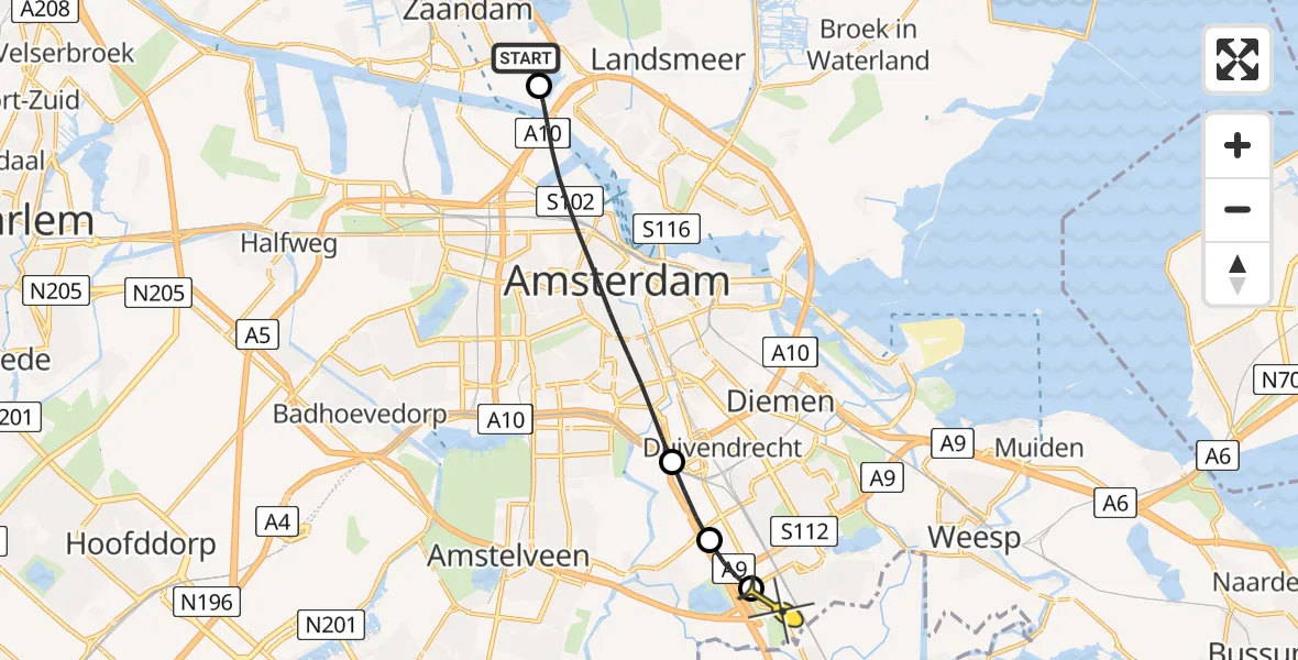 Routekaart van de vlucht: Lifeliner 1 naar Academisch Medisch Centrum (AMC), Noorder IJplas