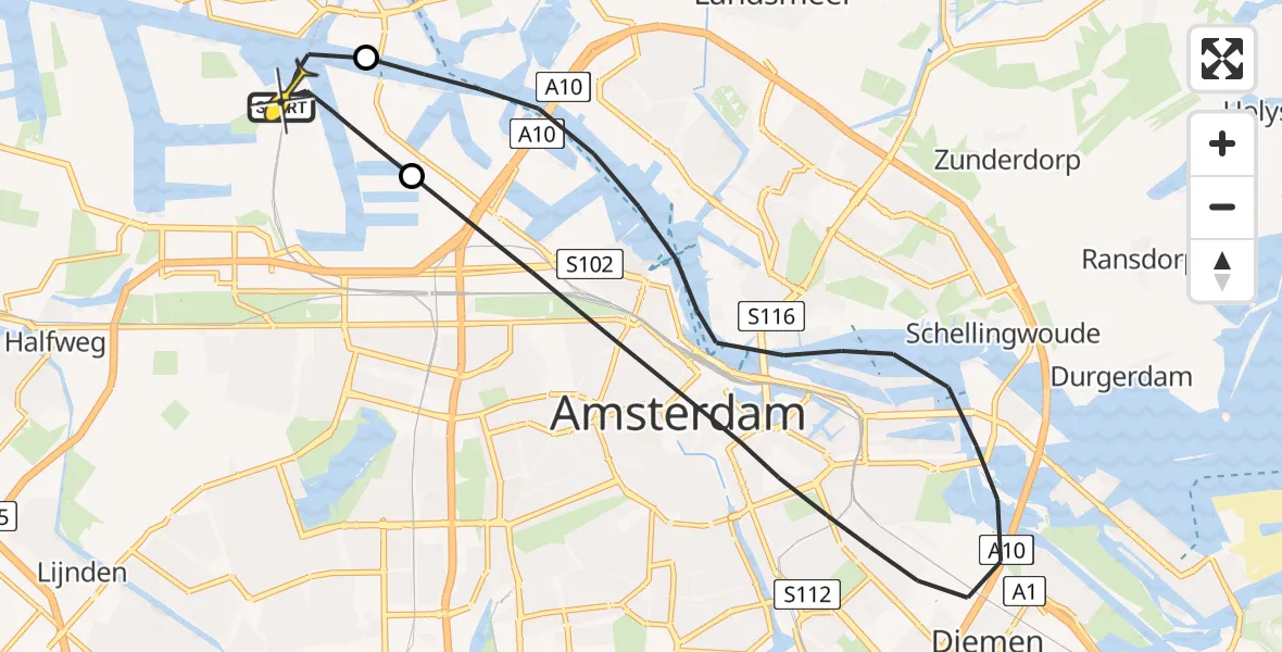 Routekaart van de vlucht: Lifeliner 1 naar Amsterdam Heliport, Kajuitpad