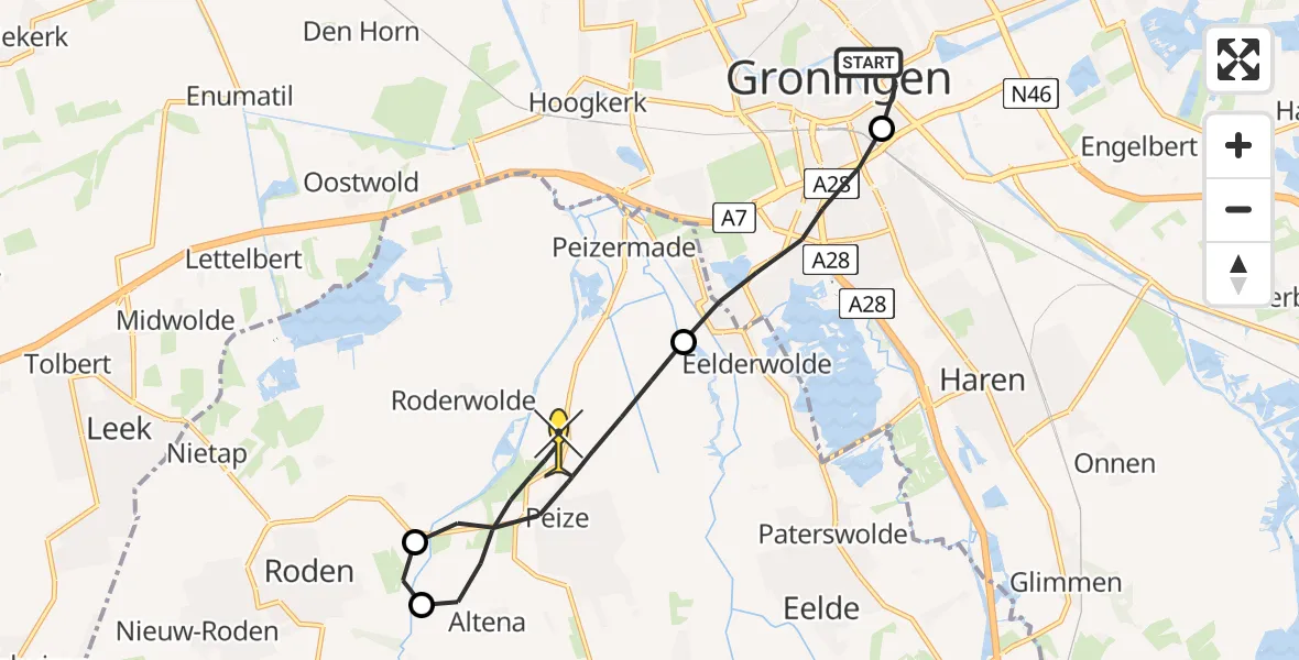 Routekaart van de vlucht: Lifeliner 4 naar Peize, Meeuwerderweg