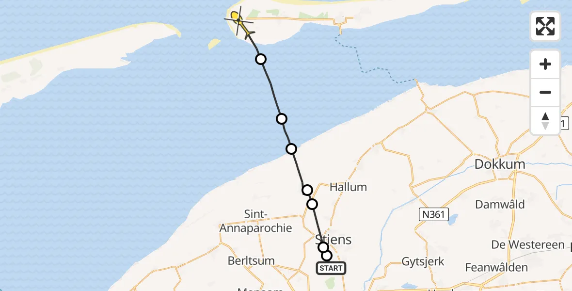 Routekaart van de vlucht: Ambulanceheli naar Hollum, Skrédyk