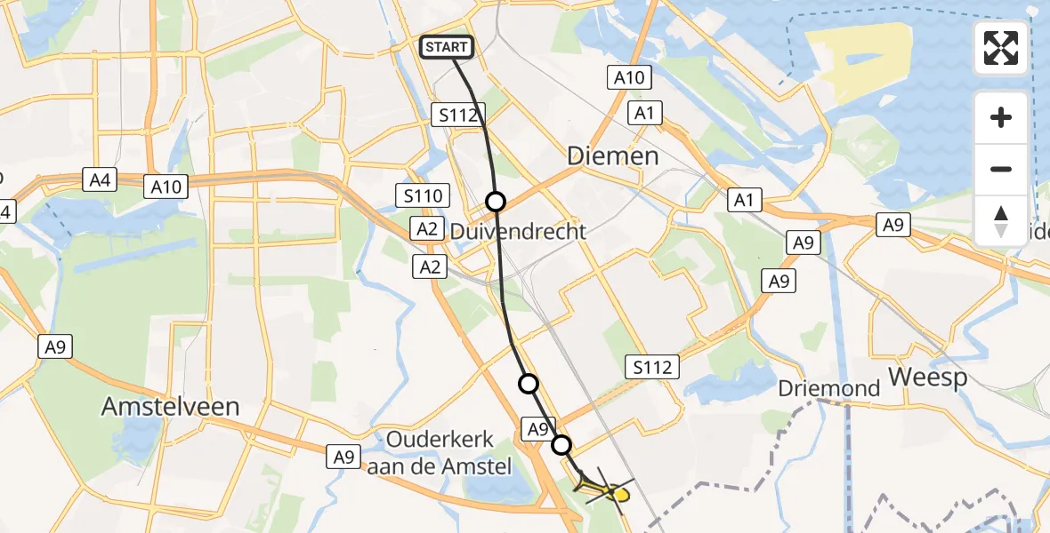 Routekaart van de vlucht: Lifeliner 1 naar Academisch Medisch Centrum (AMC), Gooiseweg