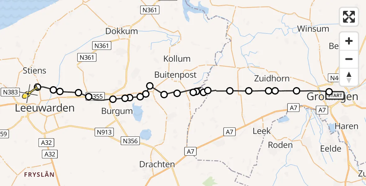 Routekaart van de vlucht: Ambulanceheli naar Vliegbasis Leeuwarden, Boteringesingel