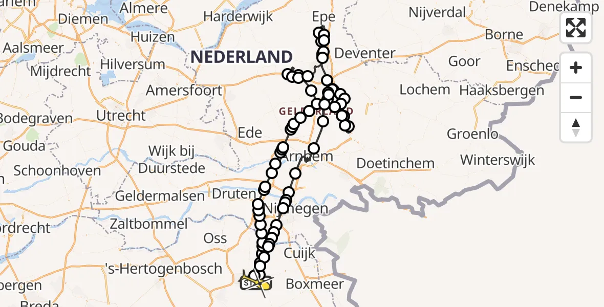 Routekaart van de vlucht: Politieheli naar Vliegbasis Volkel, Zeelandsedijk