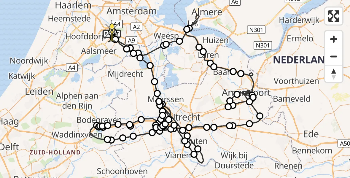 Routekaart van de vlucht: Politieheli naar Schiphol, Amsterdam-Bataviaweg