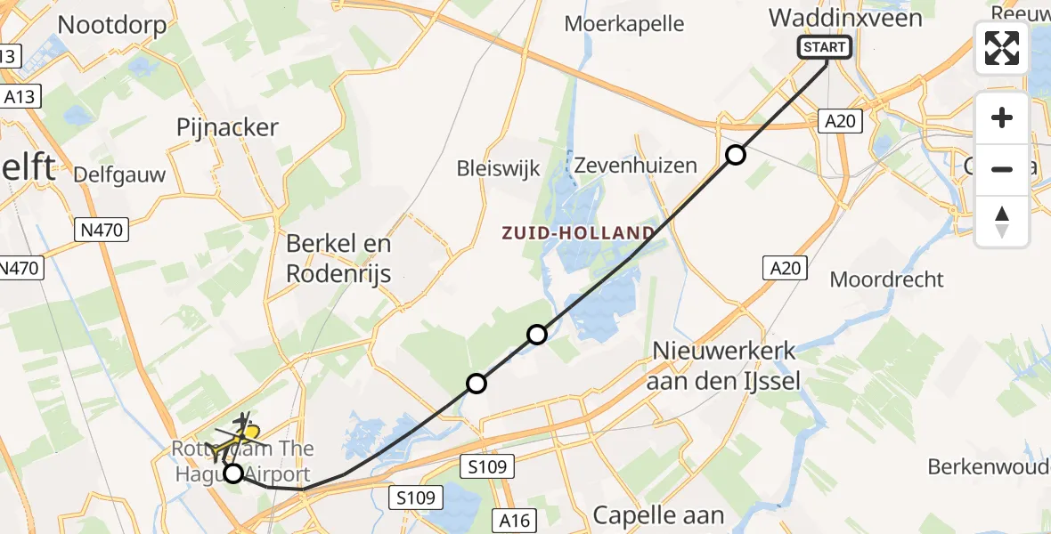 Routekaart van de vlucht: Lifeliner 2 naar Rotterdam The Hague Airport, Dennenhout