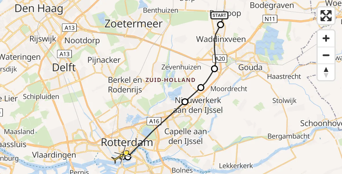 Routekaart van de vlucht: Lifeliner 1 naar Erasmus MC, Zuidkade