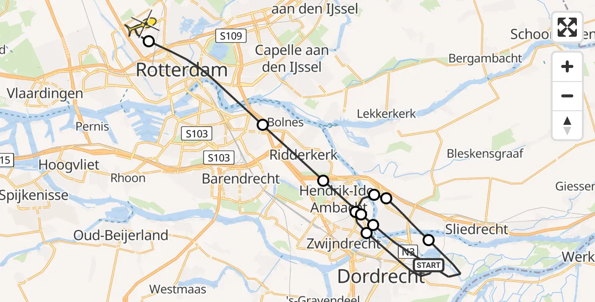 Routekaart van de vlucht: Lifeliner 2 naar Rotterdam The Hague Airport, Sikkelstraat