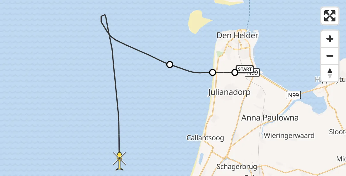 Routekaart van de vlucht: Kustwachthelikopter naar Middenvliet