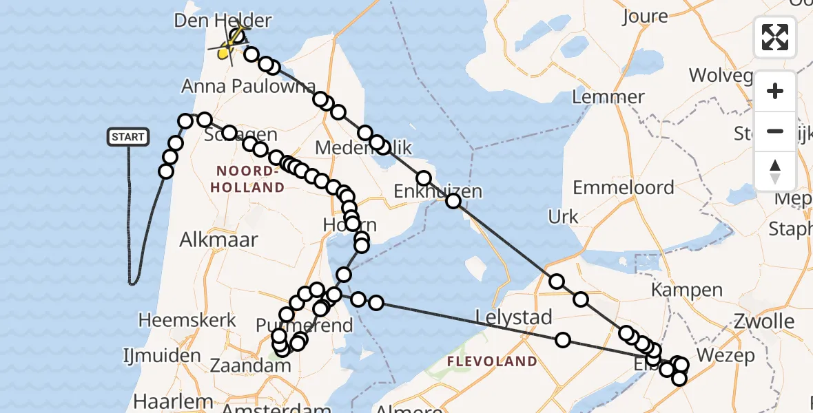 Routekaart van de vlucht: Kustwachthelikopter naar Vliegveld De Kooy, Rijksweg