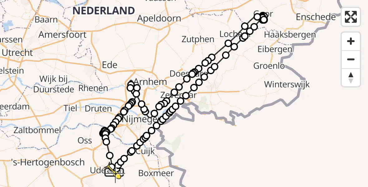 Routekaart van de vlucht: Politieheli naar Vliegbasis Volkel, Zeelandsedijk