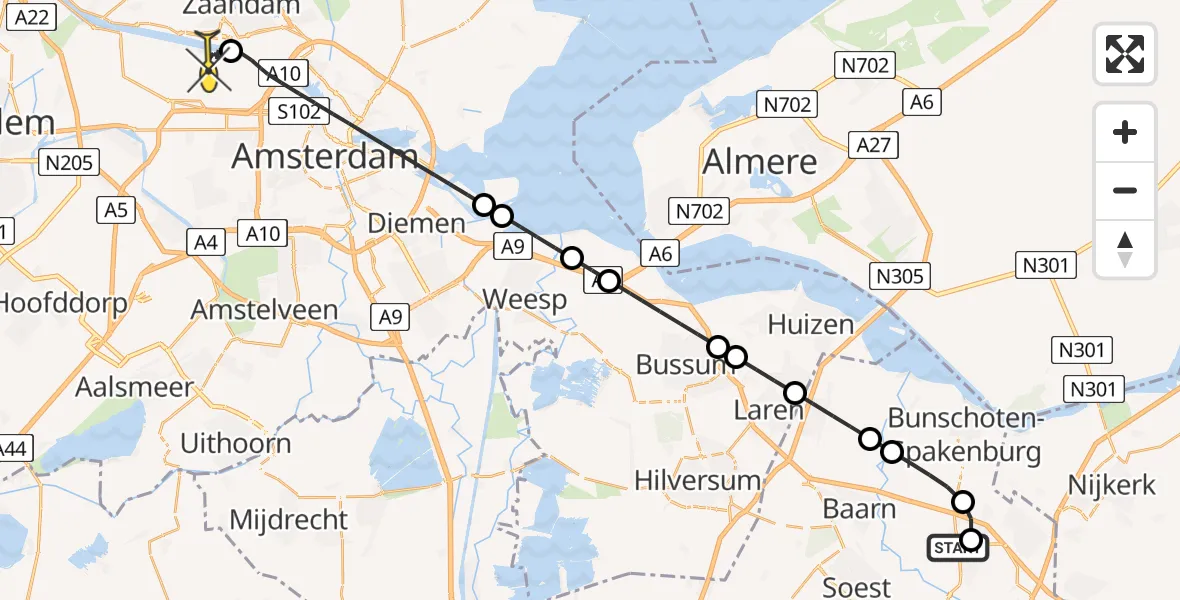 Routekaart van de vlucht: Lifeliner 1 naar Amsterdam Heliport, Bunschoterstraat