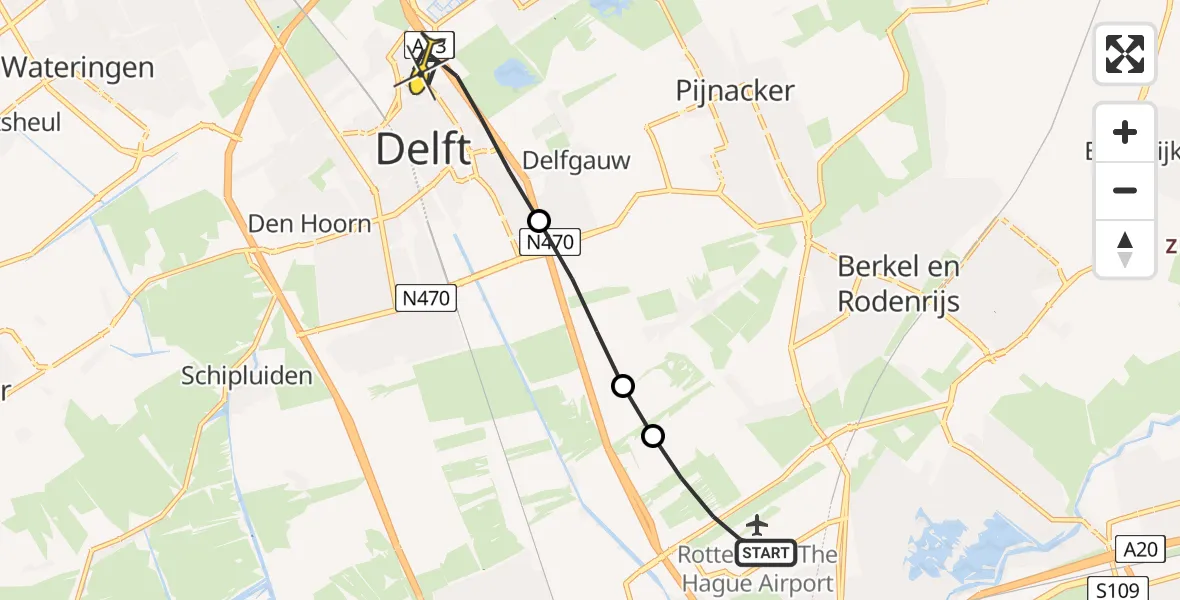 Routekaart van de vlucht: Lifeliner 2 naar Delft, Hofweg