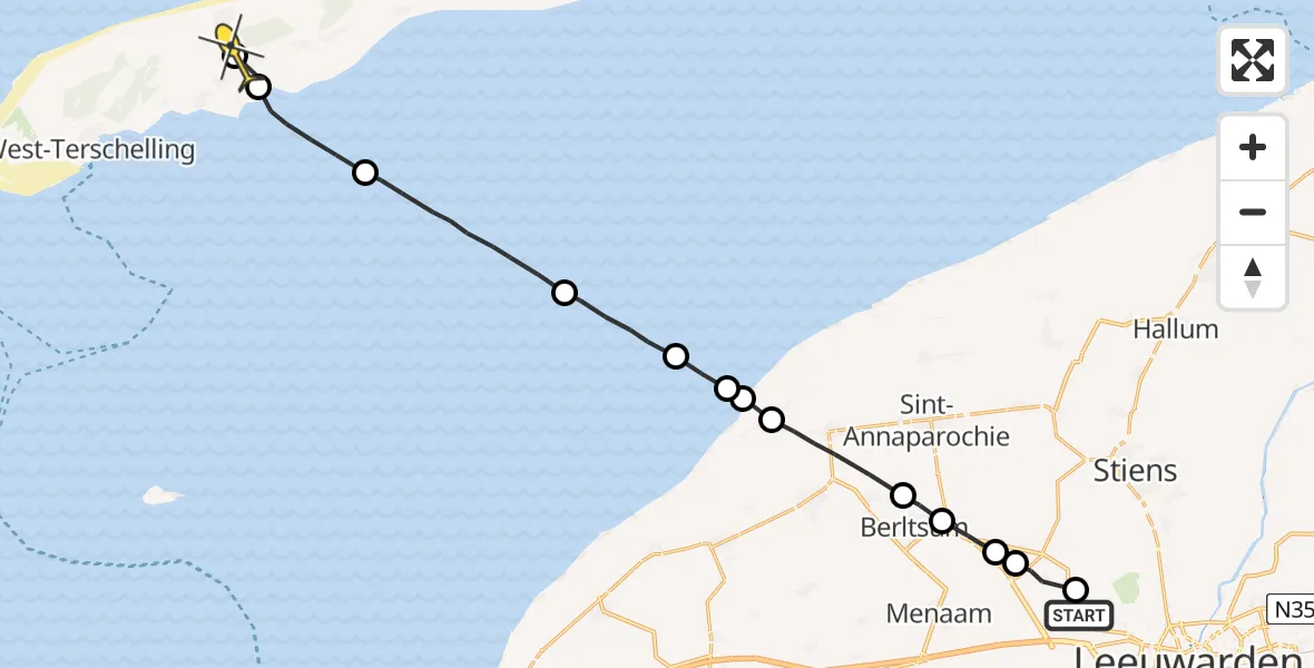 Routekaart van de vlucht: Ambulancehelikopter naar Midsland, Folkert Klazingastrjitte
