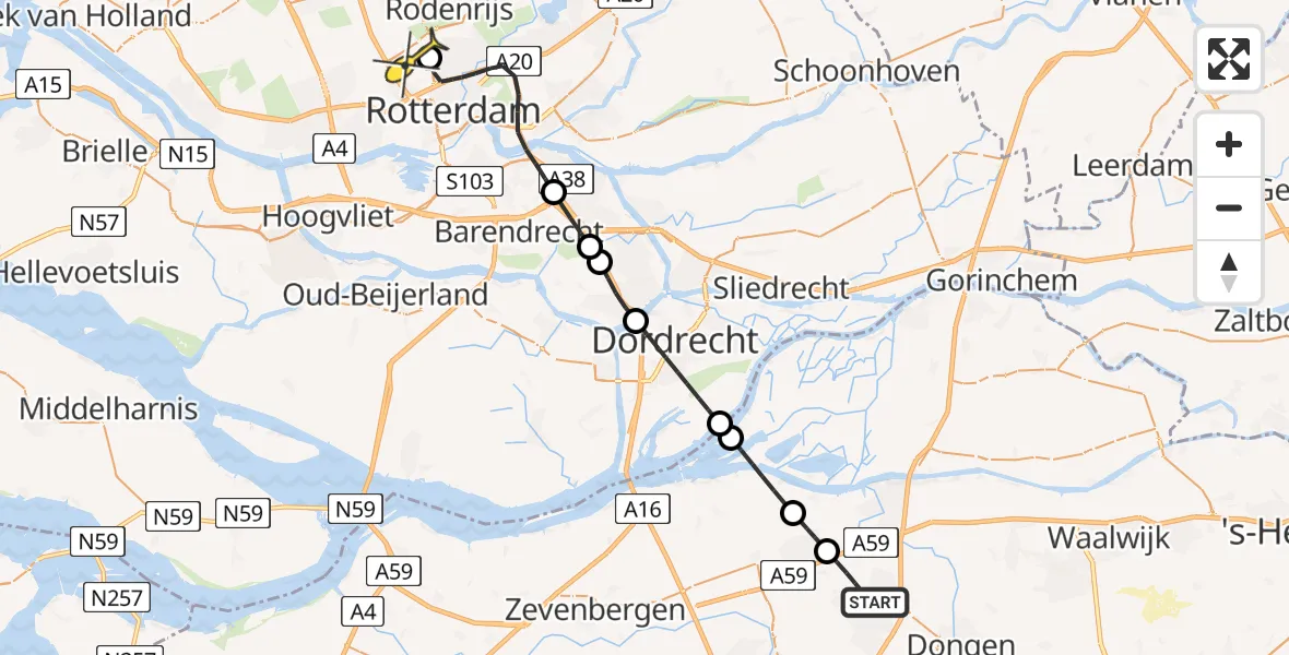 Routekaart van de vlucht: Lifeliner 2 naar Rotterdam The Hague Airport, Krombraak