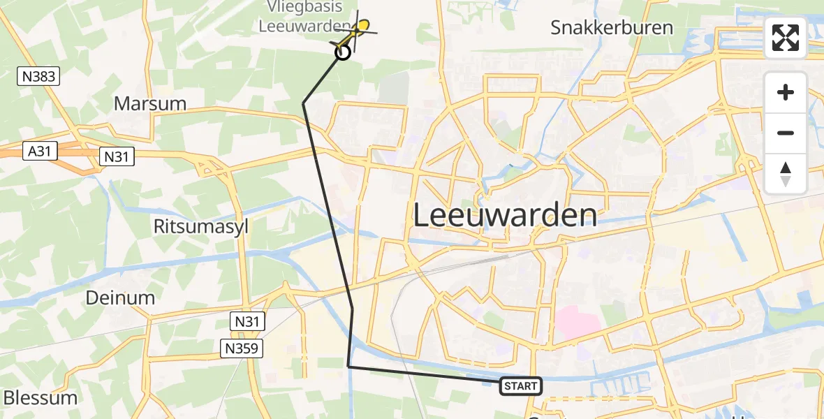 Routekaart van de vlucht: Ambulancehelikopter naar Vliegbasis Leeuwarden, Hendrik Algraweg