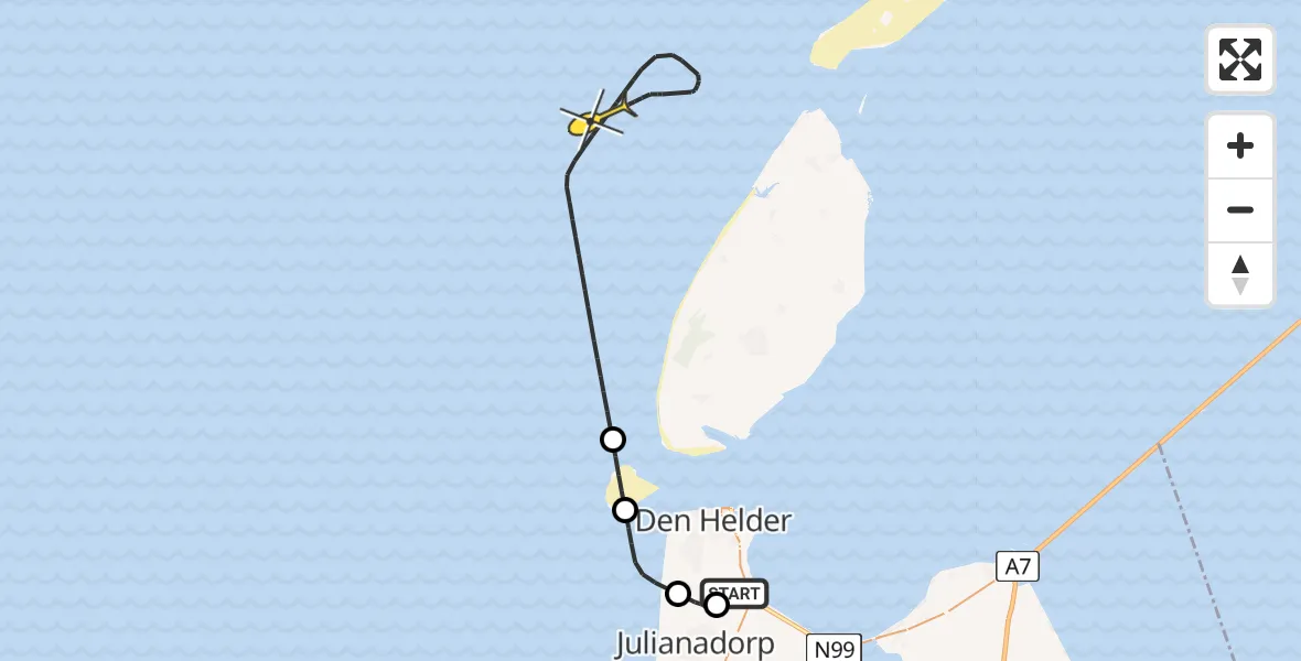 Vluchtroute Kustwachthelikopter van Vliegveld De Kooy naar 