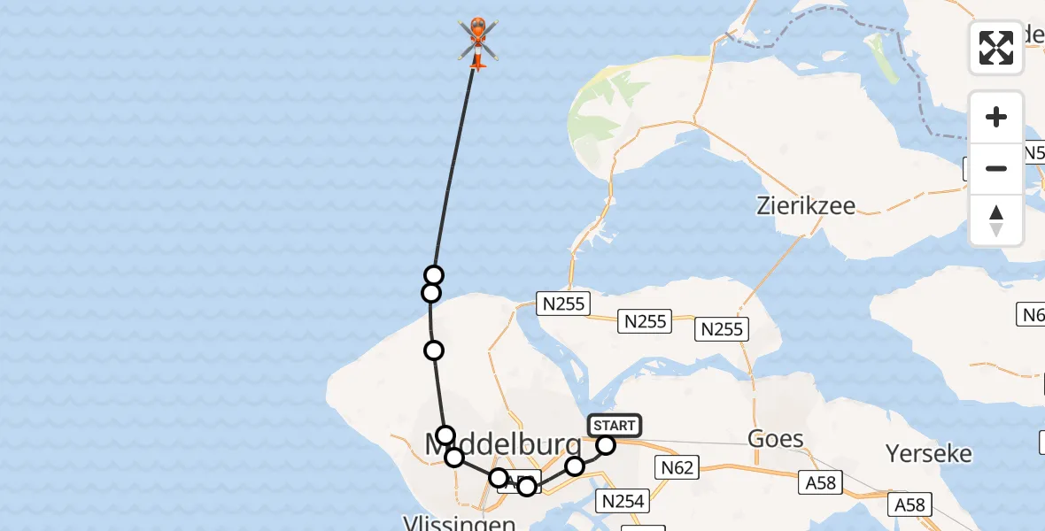 Vluchtroute Kustwachthelikopter Vliegveld Midden-Zeeland - , 20 februari 2025, 14:28