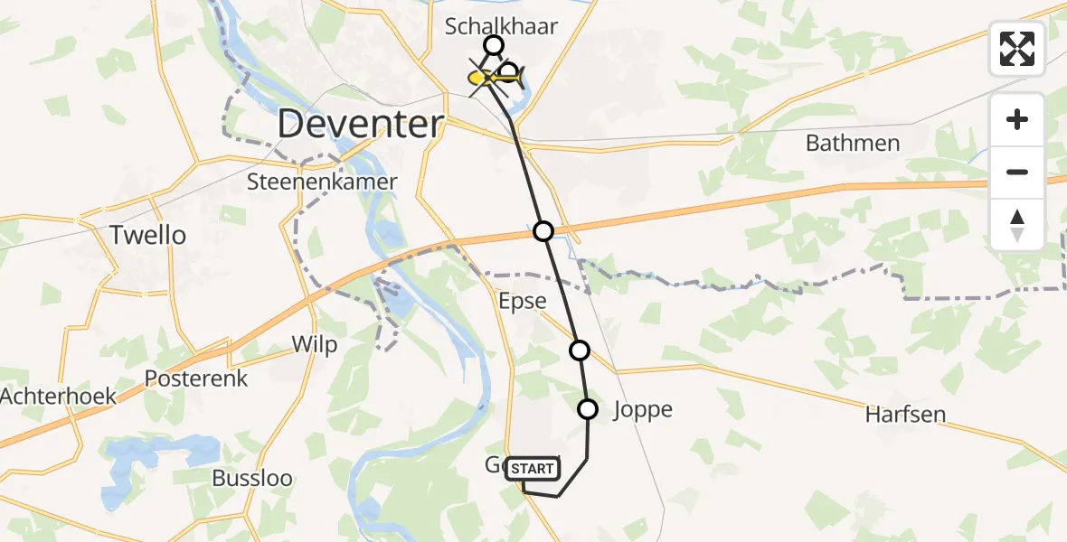 Routekaart van de vlucht: Lifeliner 3 naar Deventer, Kamperweg