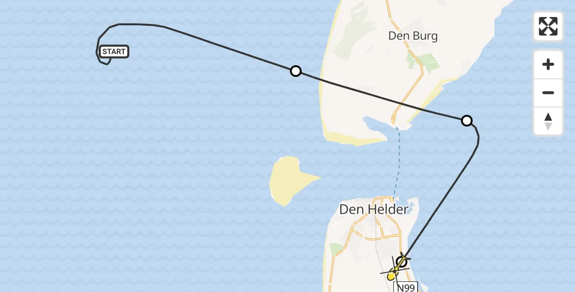 Routekaart van de vlucht: Kustwachthelikopter naar Vliegveld De Kooy, Doggersvaart