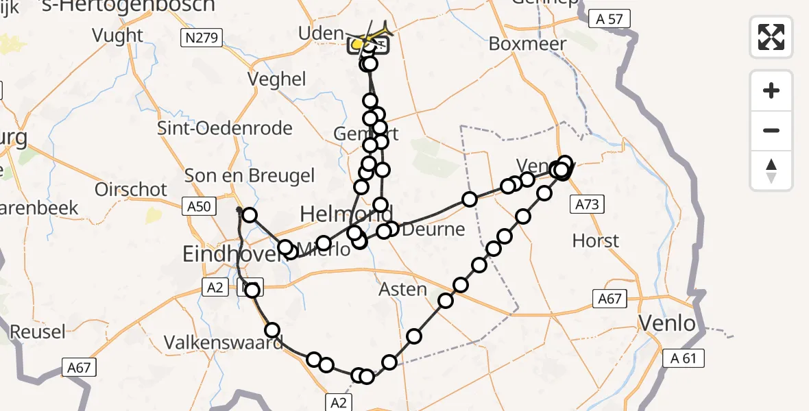 Routekaart van de vlucht: Politieheli naar Vliegbasis Volkel, Kwabbestraat