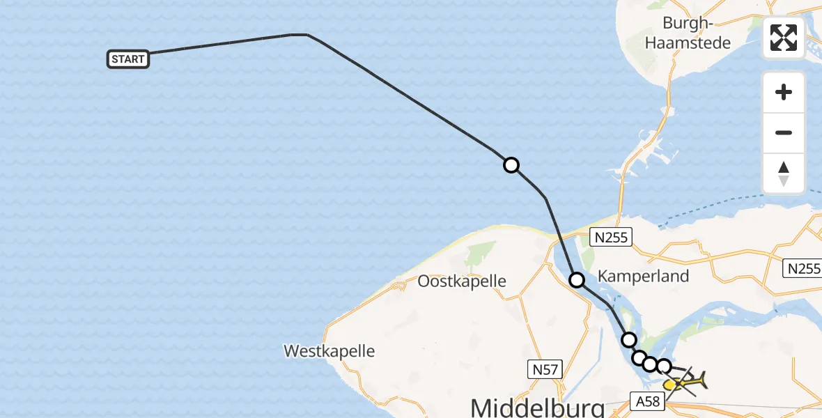 Routekaart van de vlucht: Kustwachthelikopter naar Vliegveld Midden-Zeeland, Calandweg