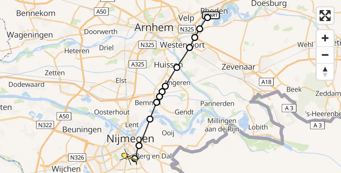 Routekaart van de vlucht: Lifeliner 3 naar Radboud Universitair Medisch Centrum, Koppenwaard