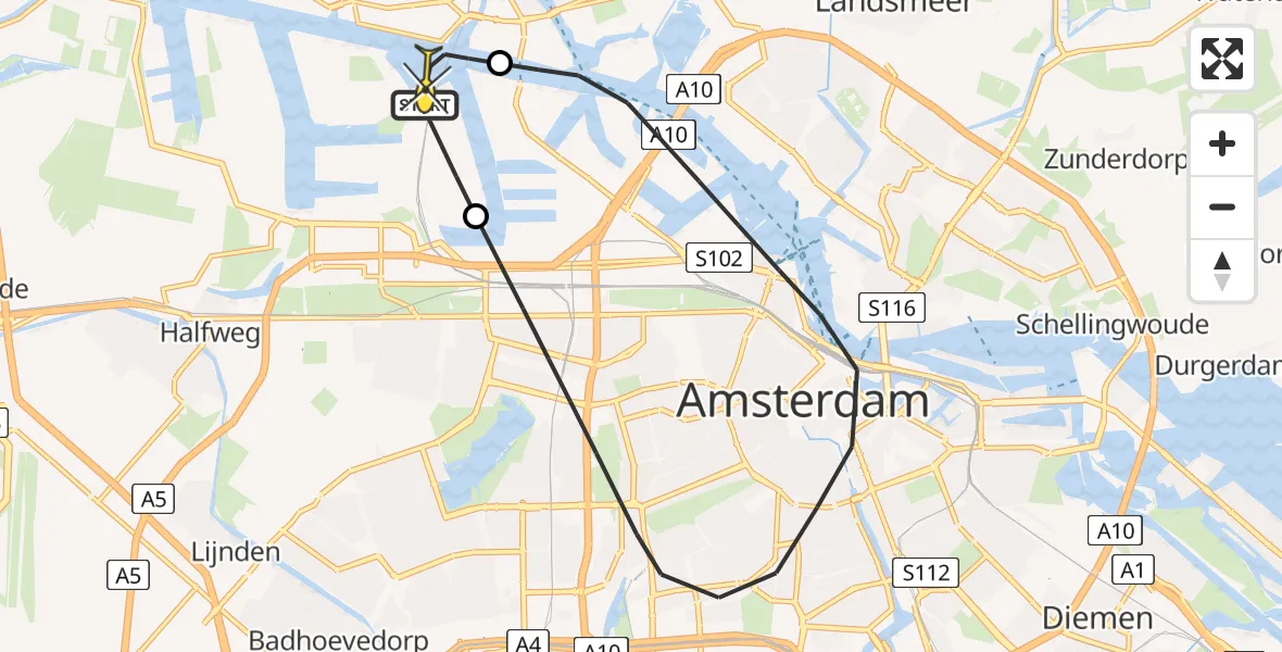 Routekaart van de vlucht: Lifeliner 1 naar Amsterdam Heliport, Corsicaweg