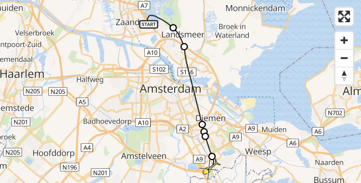 Routekaart van de vlucht: Lifeliner 2 naar Academisch Medisch Centrum (AMC), Poelenburg