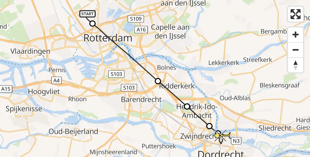 Routekaart van de vlucht: Lifeliner 2 naar Dordrecht, Brandenburgbaan