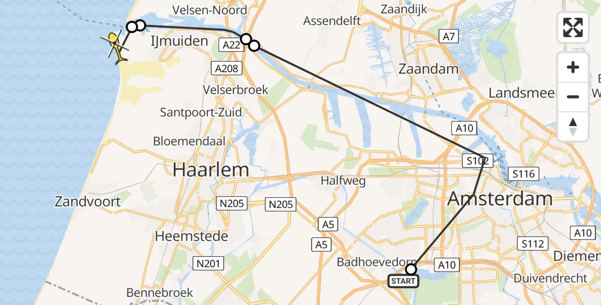 Routekaart van de vlucht: Politiehelikopter naar IJmuiden, Marcantilaan