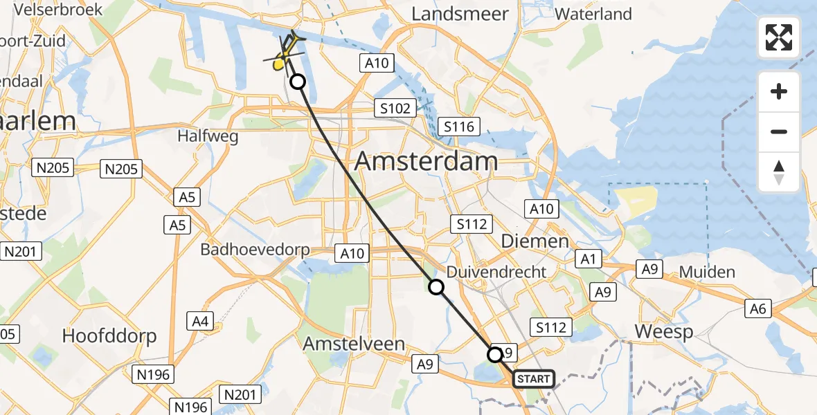 Routekaart van de vlucht: Lifeliner 1 naar Amsterdam Heliport, Meibergpad