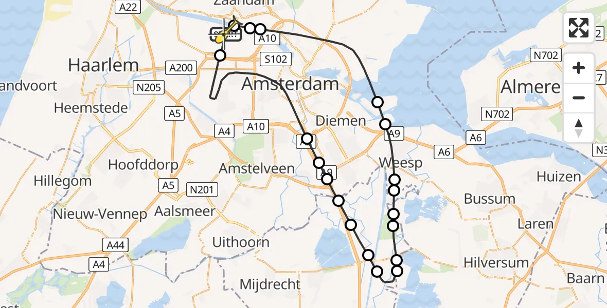 Routekaart van de vlucht: Lifeliner 1 naar Amsterdam Heliport, Nieuw-Zeelandweg