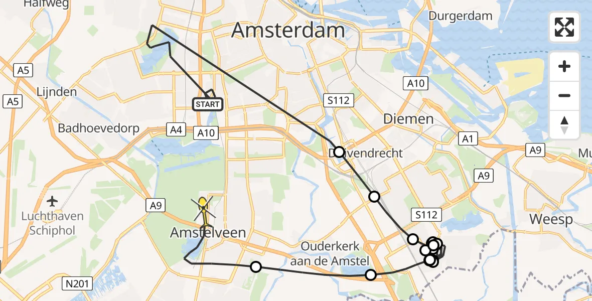 Routekaart van de vlucht: Politieheli naar Amstelveen, De Lierhof