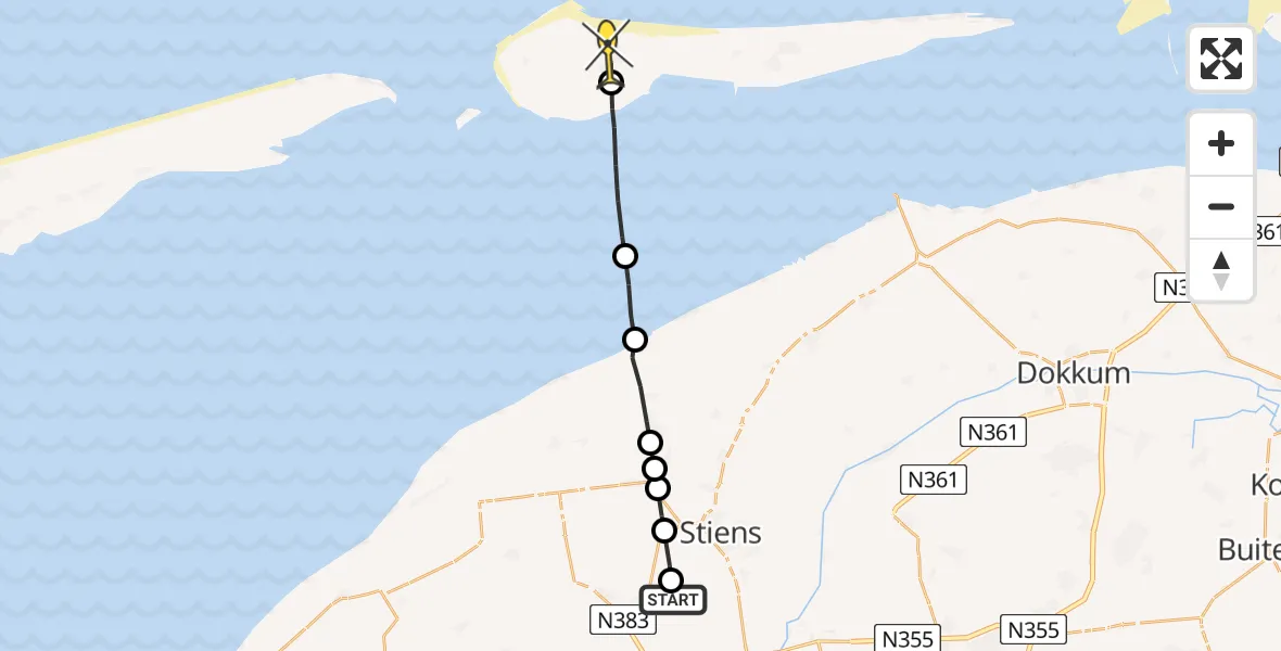 Routekaart van de vlucht: Ambulancehelikopter naar Ameland Airport Ballum, Langestraat