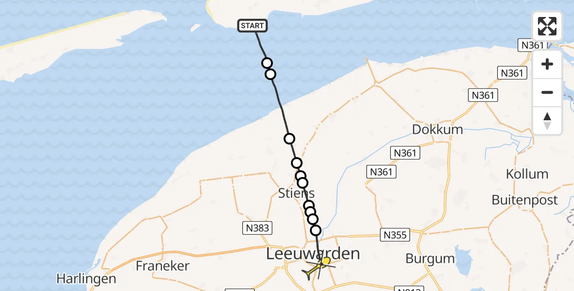 Routekaart van de vlucht: Ambulancehelikopter naar Leeuwarden, Aldlânsdyk